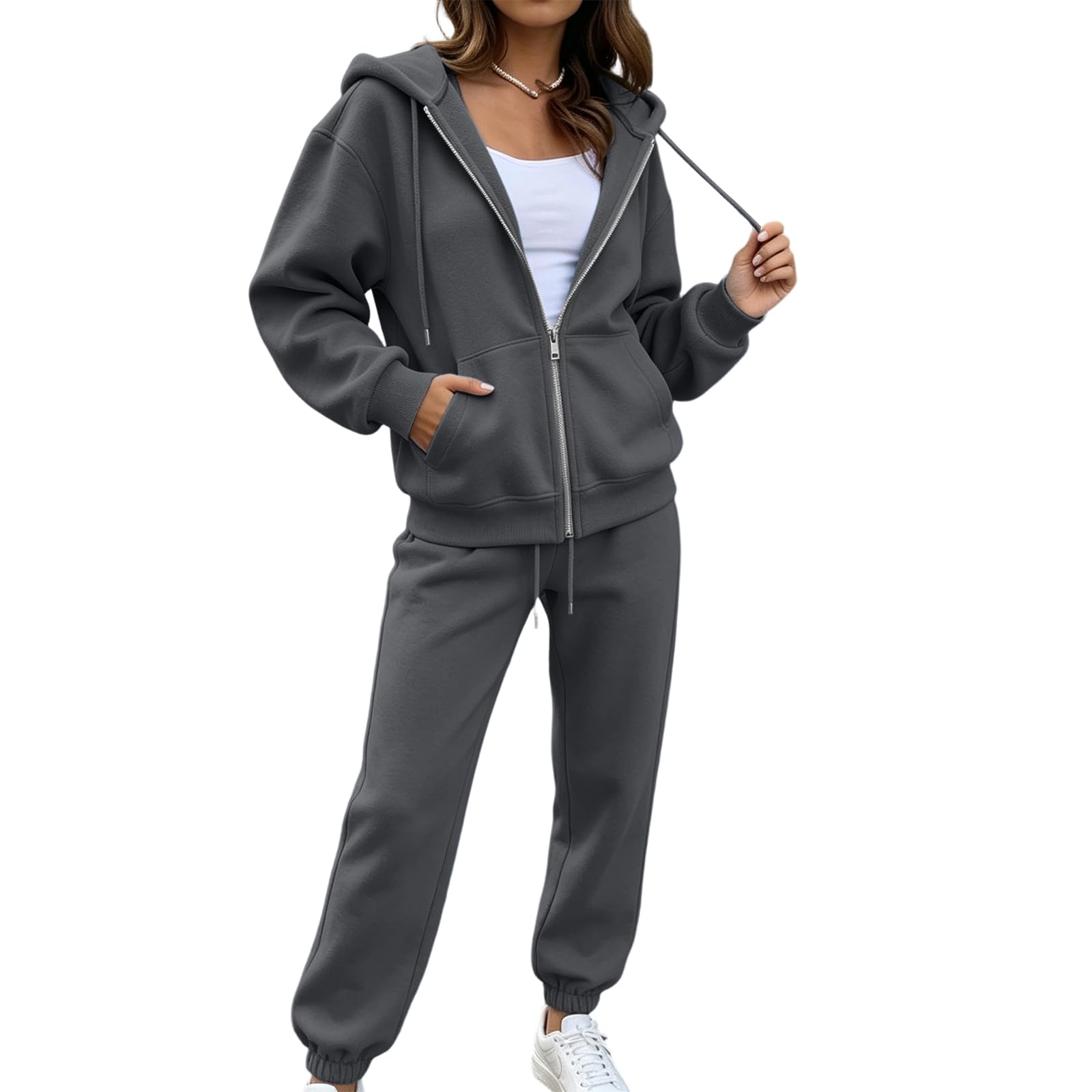 Women's 2 Piece Matching Lounge Set 2026 Trendy Solid Gym Sweatsuits | Zip Up Sweatshirt, Long Sleeve Pullover Tops, Elastic Waist Wide Leg Pants Pocket, Fall Tracksuit, Spring Outfits