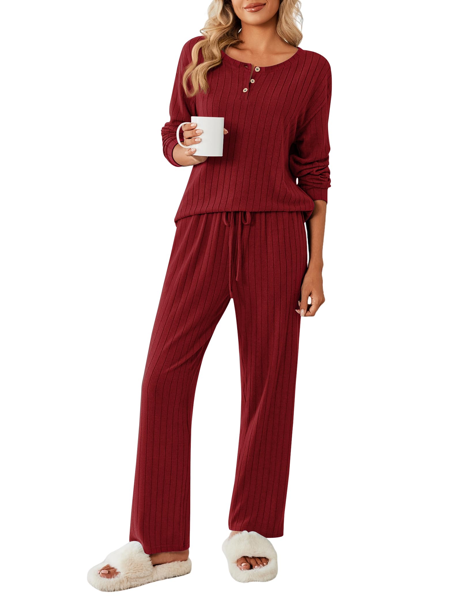 Ekouaer Womens Pajamas Set 2 Piece Lounge Sets Ribbed Knit Button Down Pjs Set Fleece Long Sleeve Sleepwear Burgundy