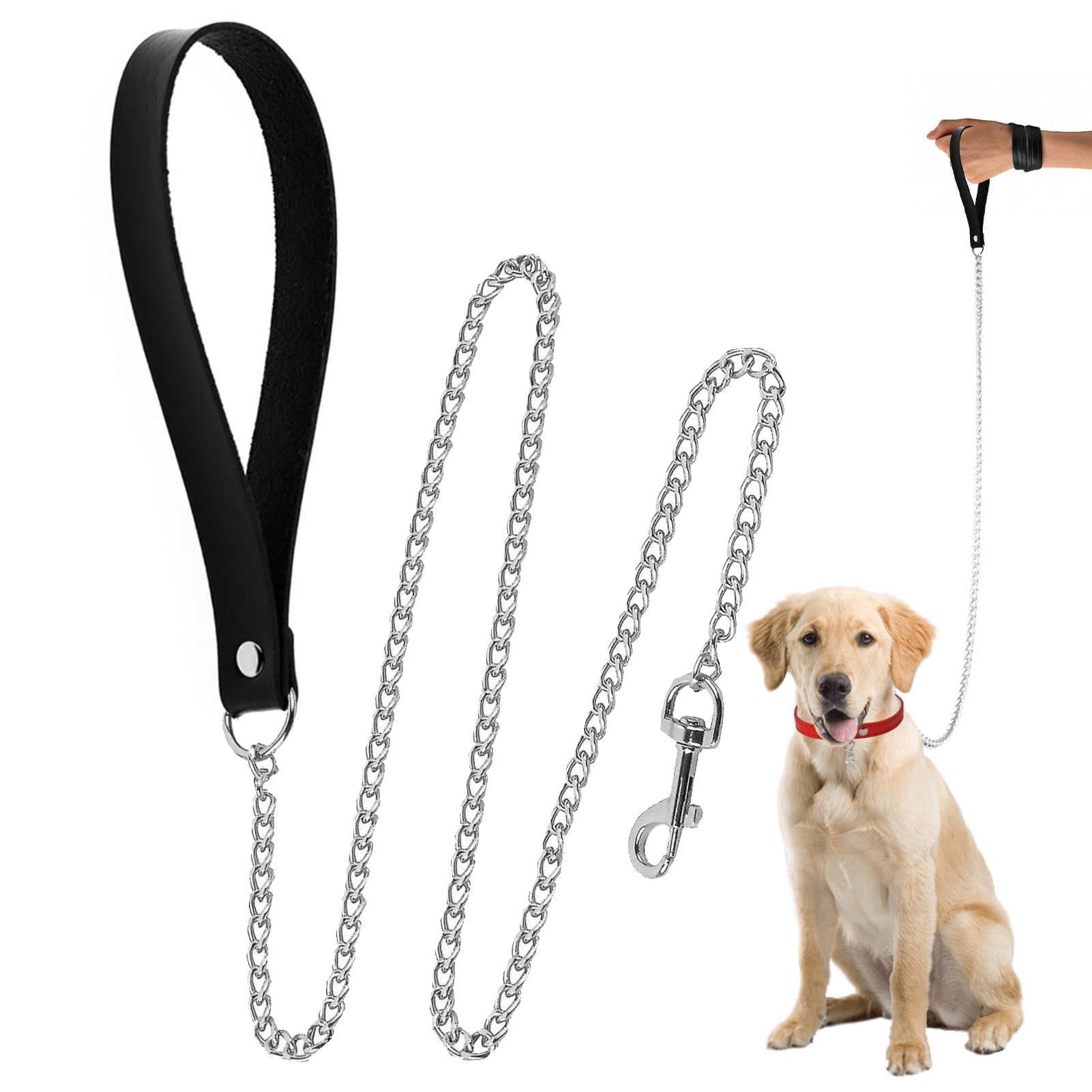 1PCS Metal Dog Chain Lead 1.2M Heavy Duty Anti-Chew With Nylon Soft Padded Handle - Leather and Metal Pet Leash for Many Types of Dogs