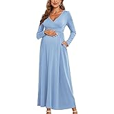 AISWI 2025 Women's Maternity Maxi Dress Long Sleeve Wrap V Neck Pregnancy Dresses with Pockets Baby Shower Photoshoot Formal