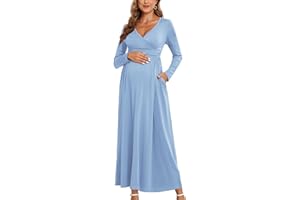 AISWI 2024 Women's Maternity Maxi Dress Long Sleeve Warp V Neck Pregnancy Dresses with Pockets Baby Shower Photoshoot Formal