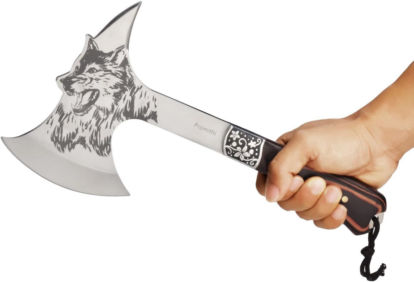 Promithi Camping Hatchet with Nylon Sheath, Axe Etched Wolf Head Stainless Steel with Wooden Grip, Outdoor Hunting Survival Hiking Tactical Axe Tomahawk, 13 Inch : Garden & Outdoor