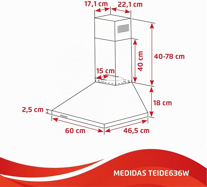 Corberó - Extractor de Pirâmide 60 cm | TEIDE636X |375,4 m3/h | 57db | 36,5 W | 3 velocidades | Controlo por botão de pressão | 2 filtros de alumínio + filtro de carvão | Aço inoxidável