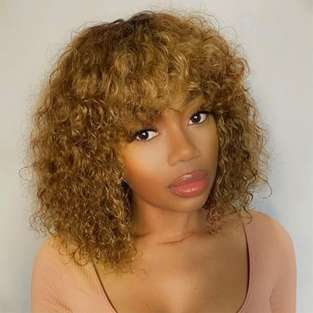 DÉBUT Human Hair Wig With Bangs - Short Curly Bob Jerry Curl for Black Women, 150% Density Non Lace Front Glueless (12 Inches, TT2/27)