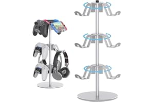 DGPCT Controller Stand Compatible with Xbox PS5 PS4 Nintendo Switch Pro, 3 Tier Aluminum Gaming Headset Stand, Rotatable Headphone Controller Holder Organizer Rack, Universal & Large Capacity, Silver