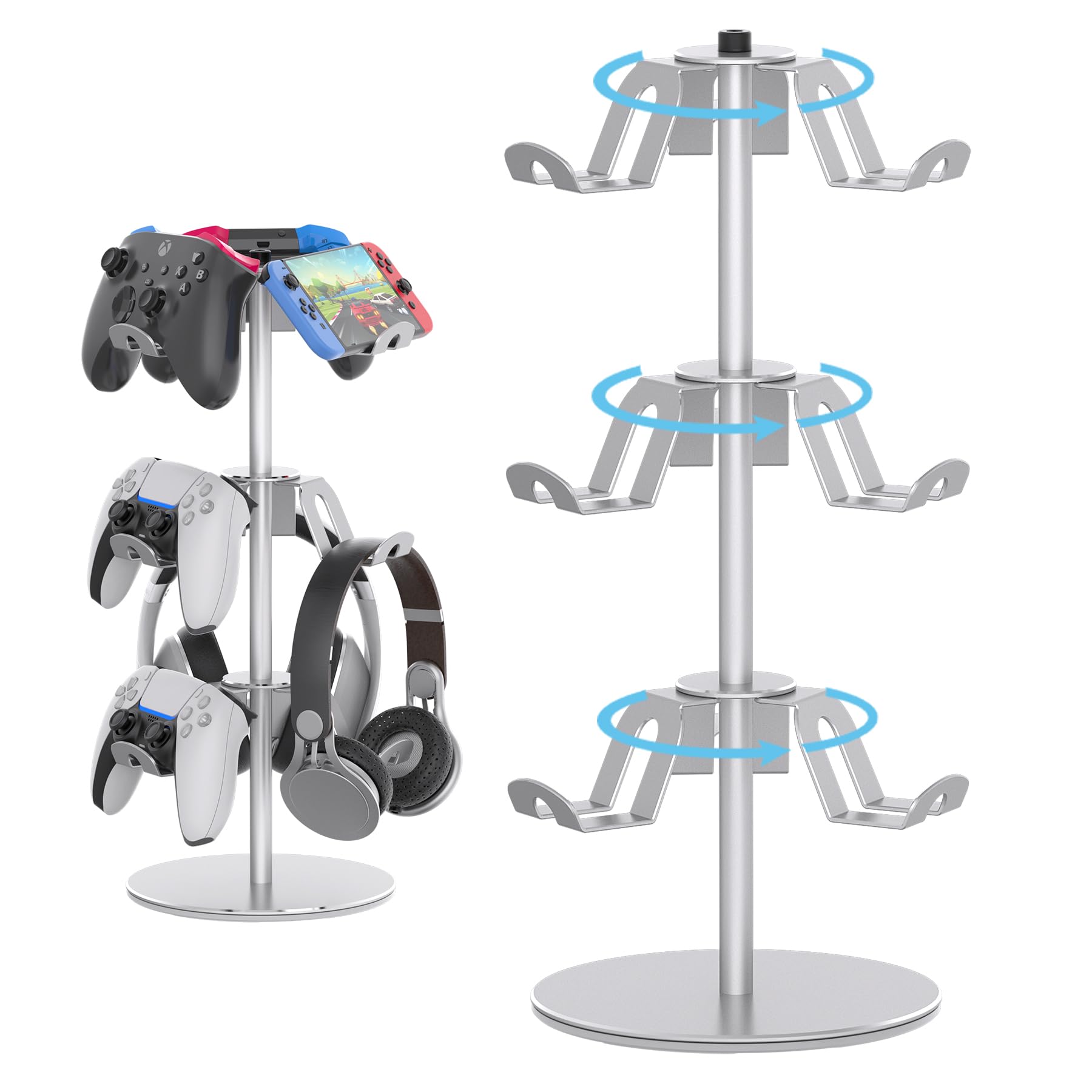 DGPCT Controller Stand Compatible with Xbox PS5 PS4 Nintendo Switch Pro, 3 Tier Aluminum Gaming Headset Stand, Rotatable Headphone Controller Holder Organizer Rack, Universal & Large Capacity, Silver