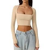QINSEN Women's Sexy Square Neck Crop Top Long Sleeve Slim Fit Cropped T Shirts