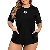 Halcurt Women's Plus Size Rash Guard Short Sleeve Swim Shirt with Built in Bra UPF50+ Sun Protection Swimsuit Top