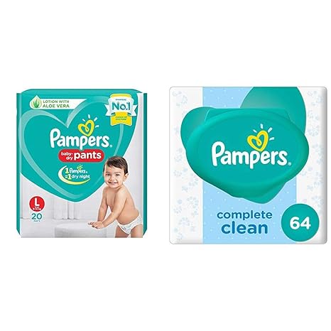 Pampers New Diapers Pants, Large (20 Count) & Pampers Fresh Clean Baby Wipes (64 Count)