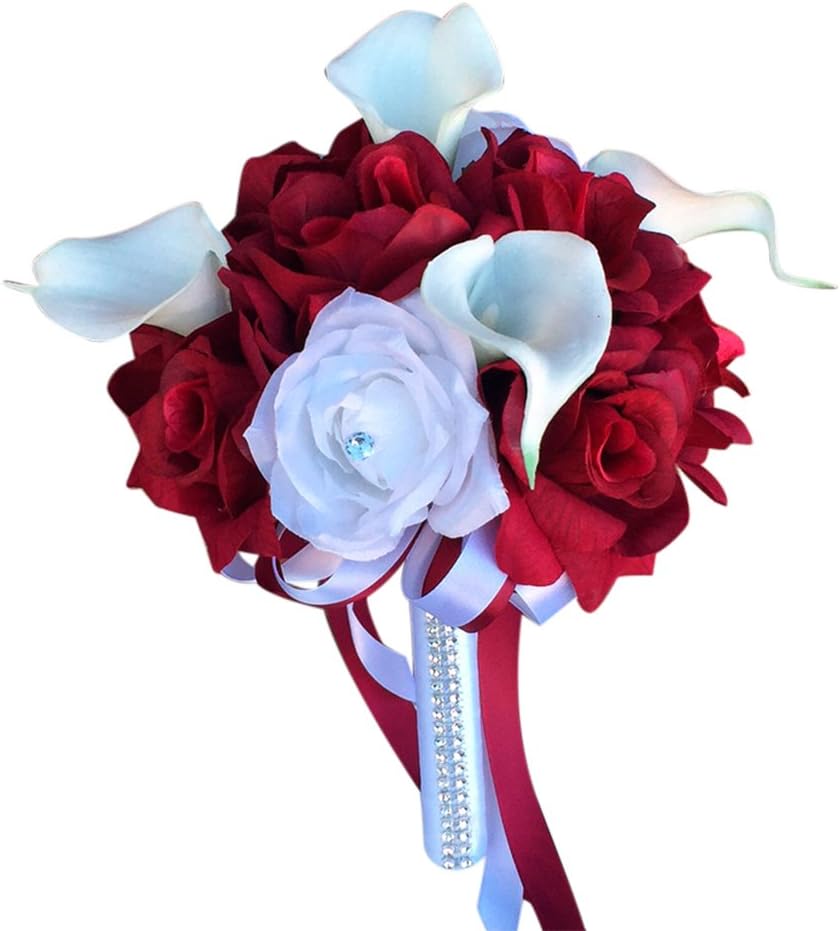 Amazon Com Angel Isabella 8 Wedding Bouquet Apple Red And White Rose Calla Lily Bouquet With Rhinestone Home Kitchen