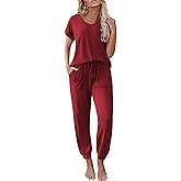 Ekouaer Pajama Sets for Women 2 Piece Lounge Sets Short Sleeve Pullover Top and Jogger Pants Pjs Sleepwear Tracksuit S-XXL