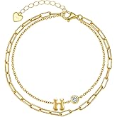 Initial Bracelet for Women, 925 Sterling Silver 14K Gold Plated Dainty Layered Stackable Paperclip Letter Bracelets, Trendy Jewelry Valentine Birthday Gifts for Wife Mom Girlfriend Sister Daughter