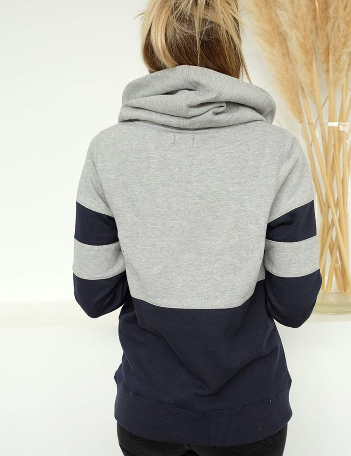 Blooming Jelly Women\'s Casual Pullover Hoodies Striped Color Block Long Sleeve Shirt Hooded Crewneck Sweatshirts Top(L, Navy Blue)