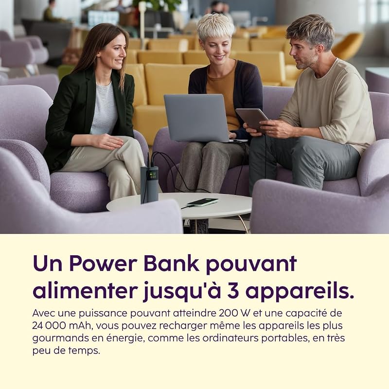 Batterie Externe 24000 mAh 200W (Power Bank Compact, Chargeur Portable, Charge Ultra Rapide Sécurisée, 2 USB-C, 1 USB-A, PD + QC, Ecran Indicateur Couleur TFT, Utilisation Universelle) Gris