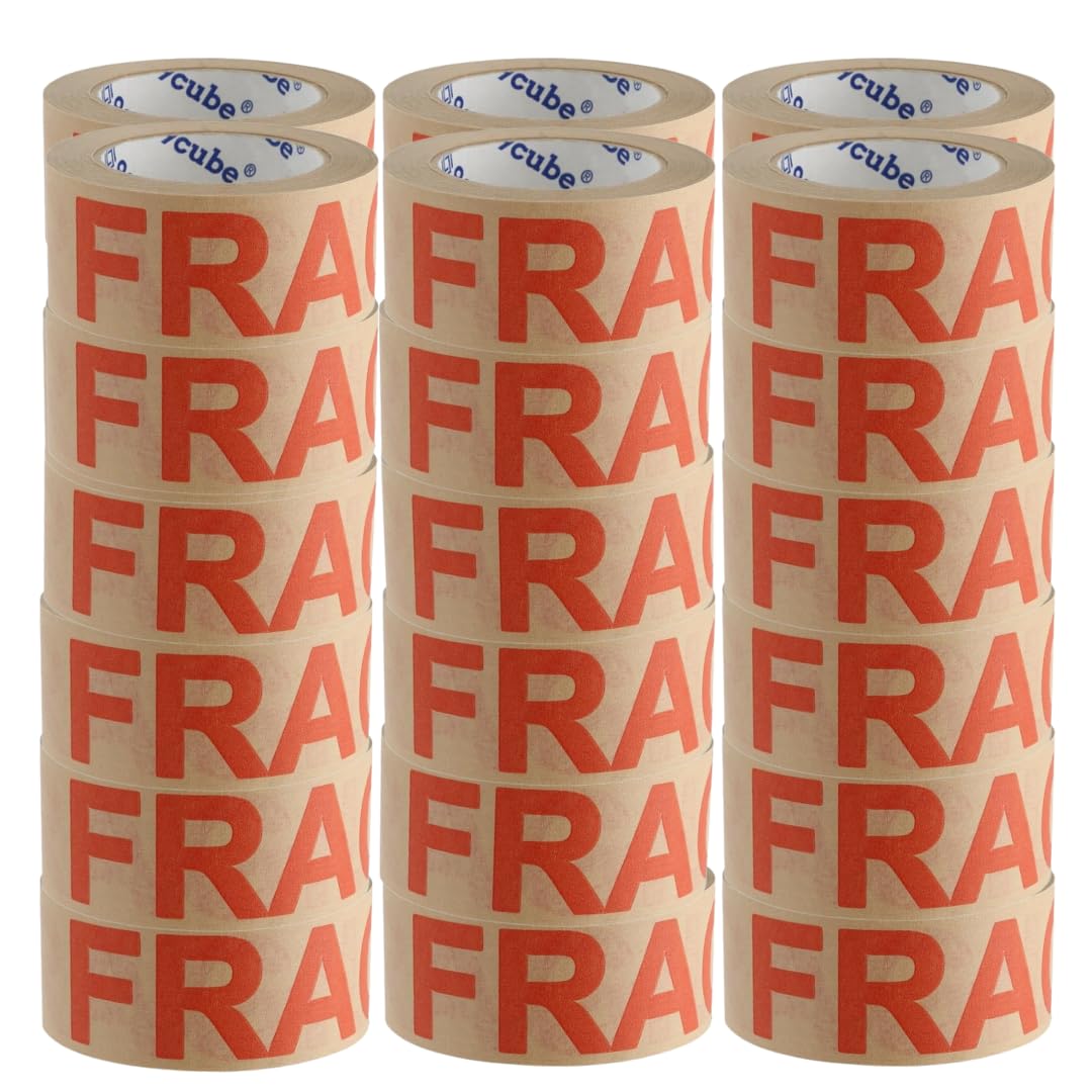 9Cube Fragile Kraft Paper Tape – 50mm x 50M | Eco-Friendly Printed Packing Tape with Strong Adhesive | Biodegradable Brown Paper Tape for Parcels, Boxes & Moving | Bold Red 'FRAGILE' Warning