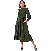 Ferrendo Women's 2026 Spring Fall Midi Dress Casual Long Sleeve Crew Neck Smocked Tiered Long Flowy Dresses with Pockets