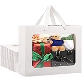 EUSOAR Thank You Gift Bags Bulk, 25pcs 10.6"x3.1"x8.3" White With Transparent Window, Bouquet Tote Paper Shopping Bags With Handles for Wrapping Wedding Festival Bridal Party