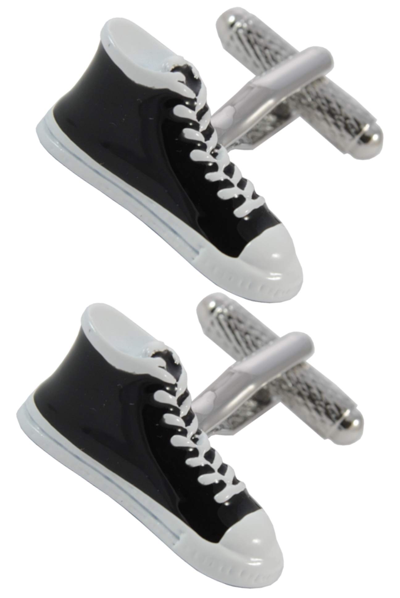 Cufflinks for Men + Presentation Box - Black - Canvas Trainer - Black and White Shoes - Brass Metal - Laces Sporty Casual Fashion - One Pair