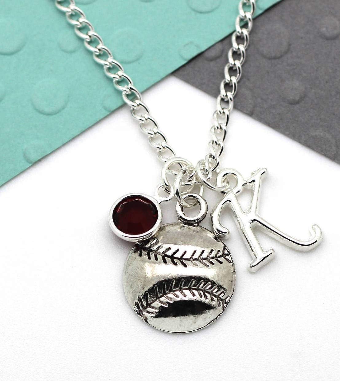 Personalised Baseball Ball Charm Necklace, Rounders Necklace Personalised Swarovski Birthstone & Initial Name Gift