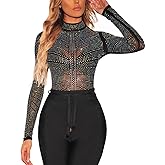 SEBOWEL Women Mesh Rhinestone Tops Sexy Sheer See Through Long Sleeve Shirt Glitter Sparkly Mesh Top Tee Blouse