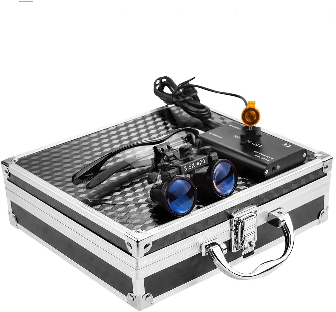 Mike Dental New Surgical Binocular Loupes 3.5X 420mm Working Distance Optical Glass +3W LED Head Light Lamp With Filter +Aluminum Box (Black)