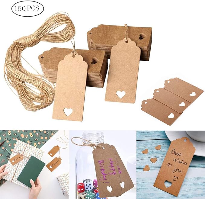 150 PCS Brown Gift Tags, Kraft Paper Tags Heart Hollow Brown Gift Tags