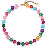 Elegance 11 designs Colourful Chunky Beaded Gemstone Necklace for Women, Beach Waterproof Stainless Steel Boho Choker Natural Stone Necklaces Surfer Summer Handmade Jewelry