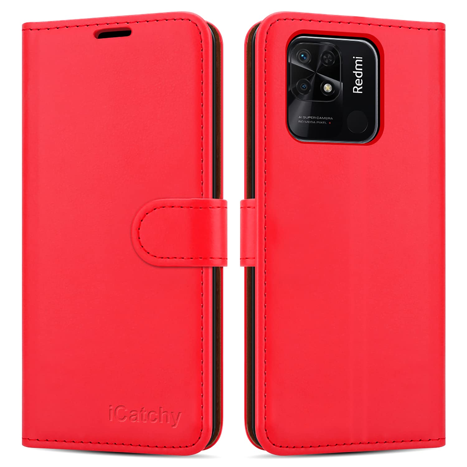 iCatchy Xiaomi Redmi 10C Phone Case [Red] –Wallet Cover for Xiaomi Redmi 10C, Book Flip Folio Stand View, Slim Design| Mobile Phone Accessories