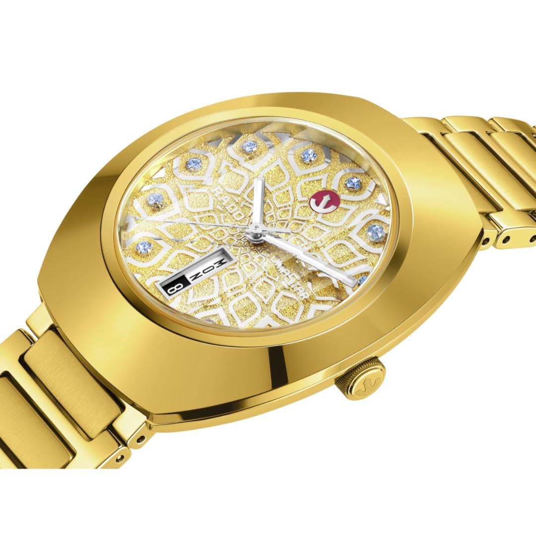Rado DiaStar Original Automatic - Men - Swiss Watch - Ultra-Shiny Yellow Gold couloured Ceramos and PVD Coated Stainless-Steel Case - Sapphire Crystal and 11 Light Blue Cubic Zirconia on a diamond powder decoration - 80 hours of Power reserve - Automatic - 38 mm - Water Resistant down to 100 M