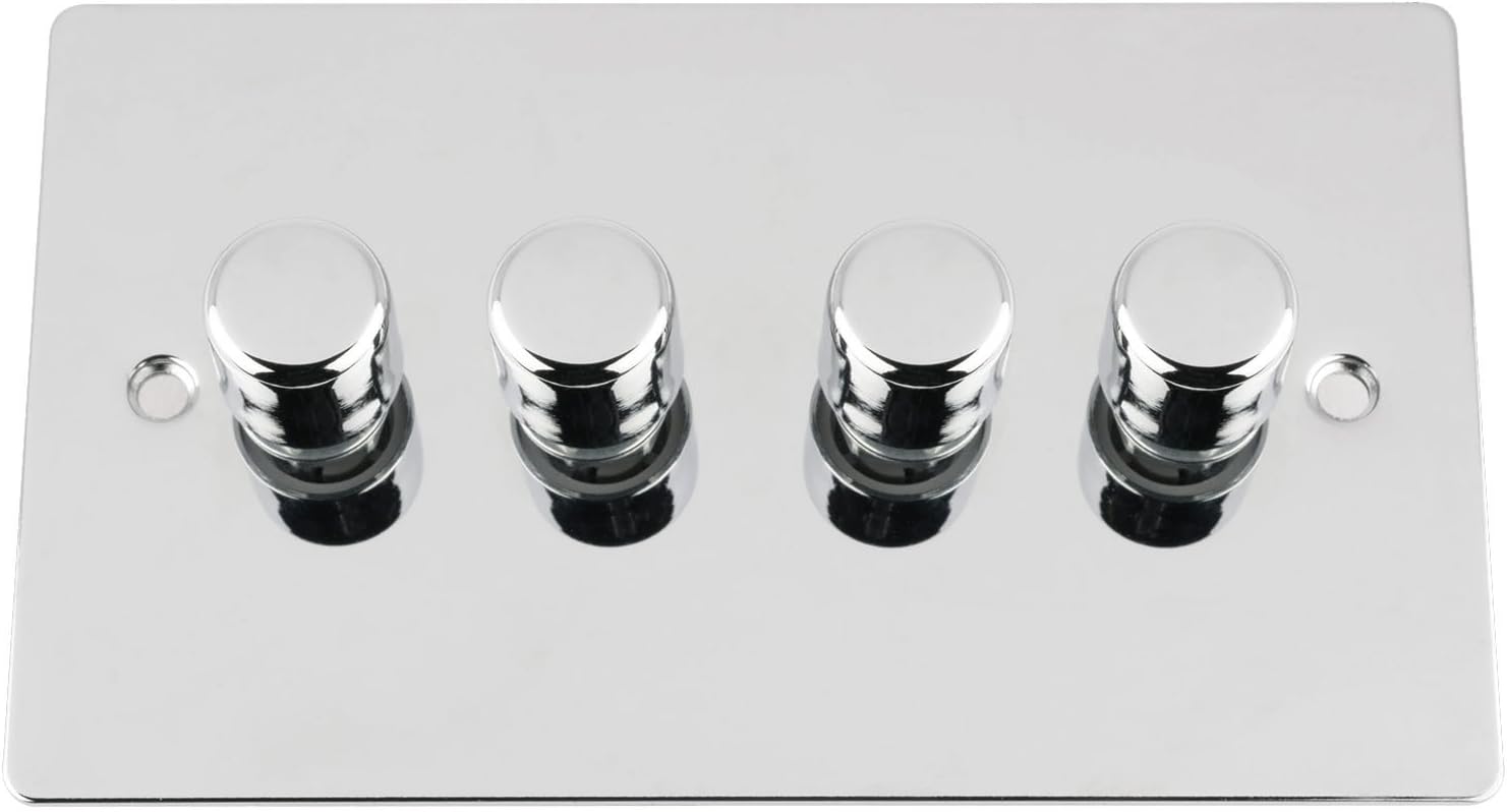 Light Dimmer Switch 4 Gang 2Way 10A -Push On Off 400W -Polished Chrome -Flat