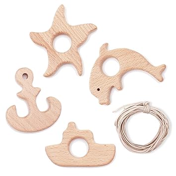 Amazon.com: Juego de 4 mordedores de madera para bebé (pez, barco, ancla/delfín) mordedor de madera para bebé, juguetes para aliviar el dolor, regalo de baby shower: Baby