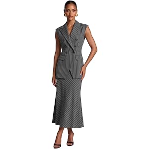 Women's 2 Piece Outfits Pinstripe Sleeveless Blazer Vest Midi Skirt Set | Double Breasted Office Formal Dress Suit