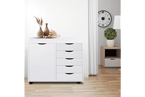 Naomi Home Amy 5 Drawer Chest, Wood Storage Dresser Cabinet with Wheels, Craft Storage Organization, Makeup Drawer Unit for Closet, Bedroom, Office File Cabinet 180 lbs Total Capacity - White