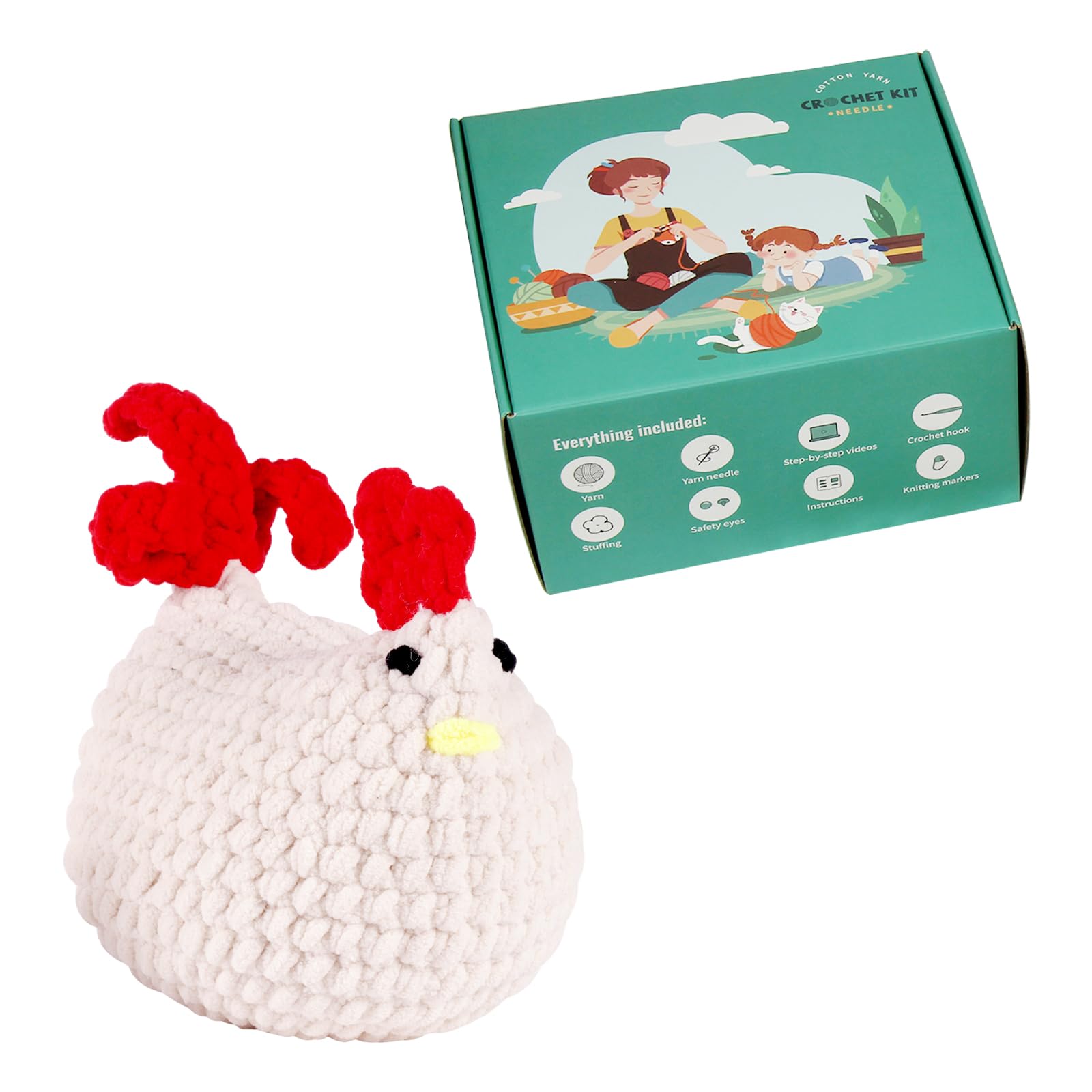 Porssaut Crochet Kits for Beginners Adults with Step-by-Step Video Tutorials,Crochet Kit Animal,Crochet DIY Starter Kit for Adults and Children, Hen Chicken with Eggs Crocheting Set with Patterns