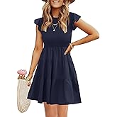 Liyinxi Women's Summer Casual Flutter Sleeve Tiered Dresses Crew Neck Smocked Elastic Waist Flowy Mini Dress