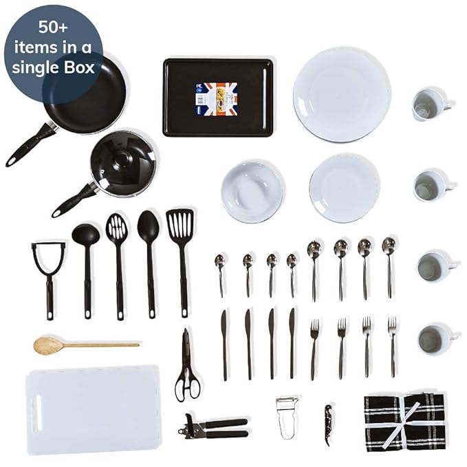 50+ Piece Kitchen Starter Kit for Home Movers, Students, Expats Pan/Tool/Utensil/Tableware Set