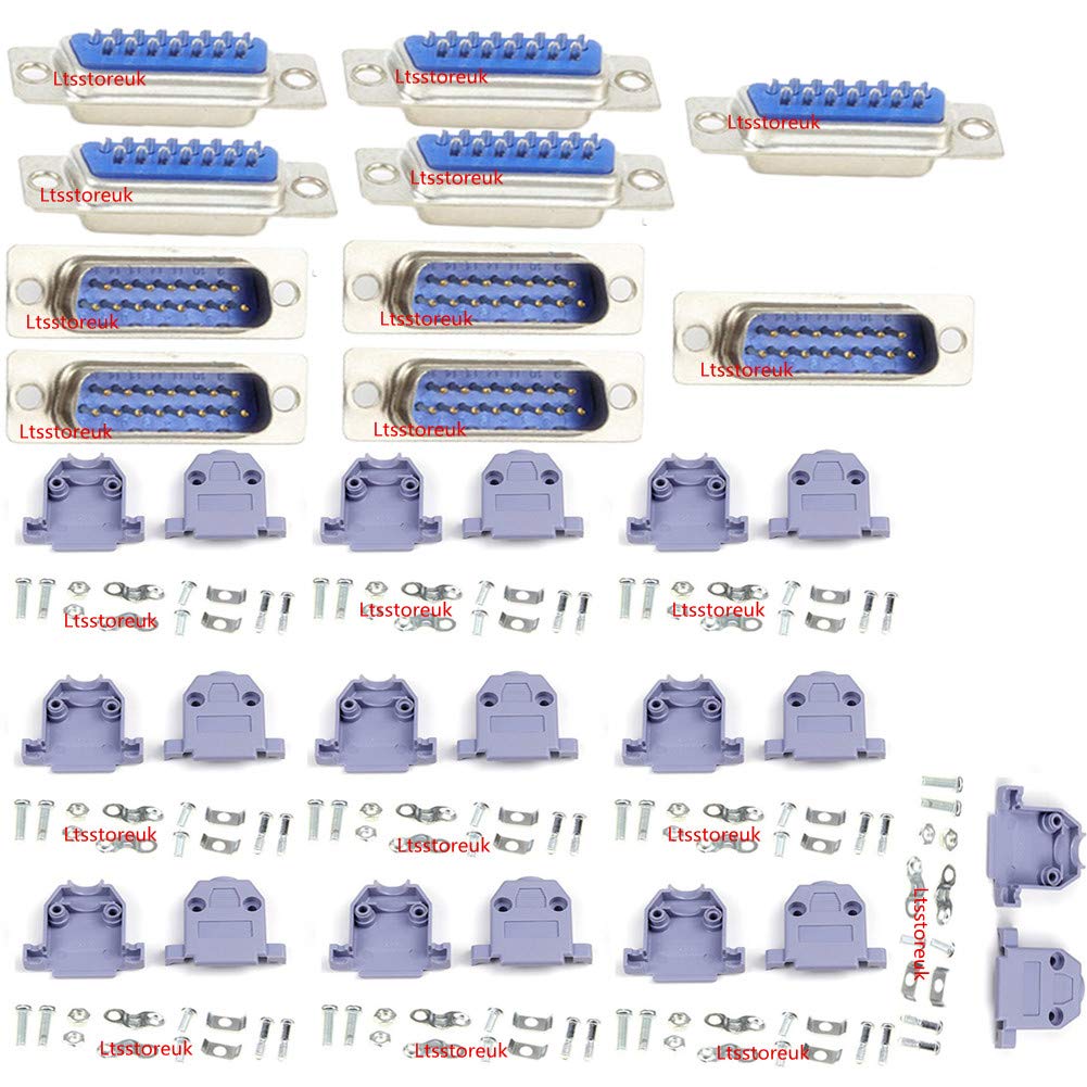 Lsgoodcare 10Pcs RS232 Parallel Serial Port DB15 15 Pin D Sub Male/Female Solder Connector + 10Pcs DB15 Plastic Shell Cover
