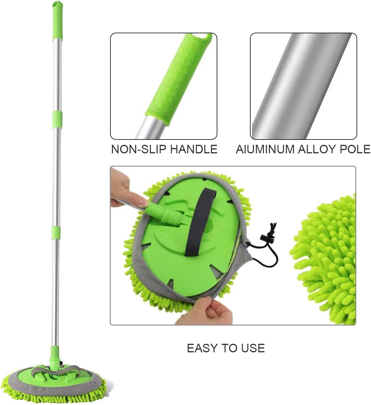 SUNPLAY 2 in 1 Car Wash Mop Mitt with Long Handle,Microfiber Car Wash Dust Brush Extension Pole 180 Degree,Scratch Cleaning Tool for Car,Truck,RV,3 Pcs Mop Heads (Green): Automotive