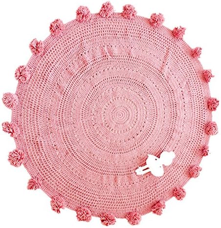 Pom Pom Playmat Handmade From Softest Cottons for Baby in Fun Designs Crochet Blanket Rug (Blush Pink)