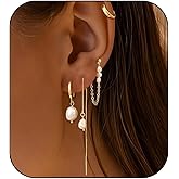 Gold Pearl Earrings for Women Trendy，Charm Pearl Drop Dangle Huggie Hoop Earring Sets Stacked Earrings Hypoallergenic Jewelry Gift