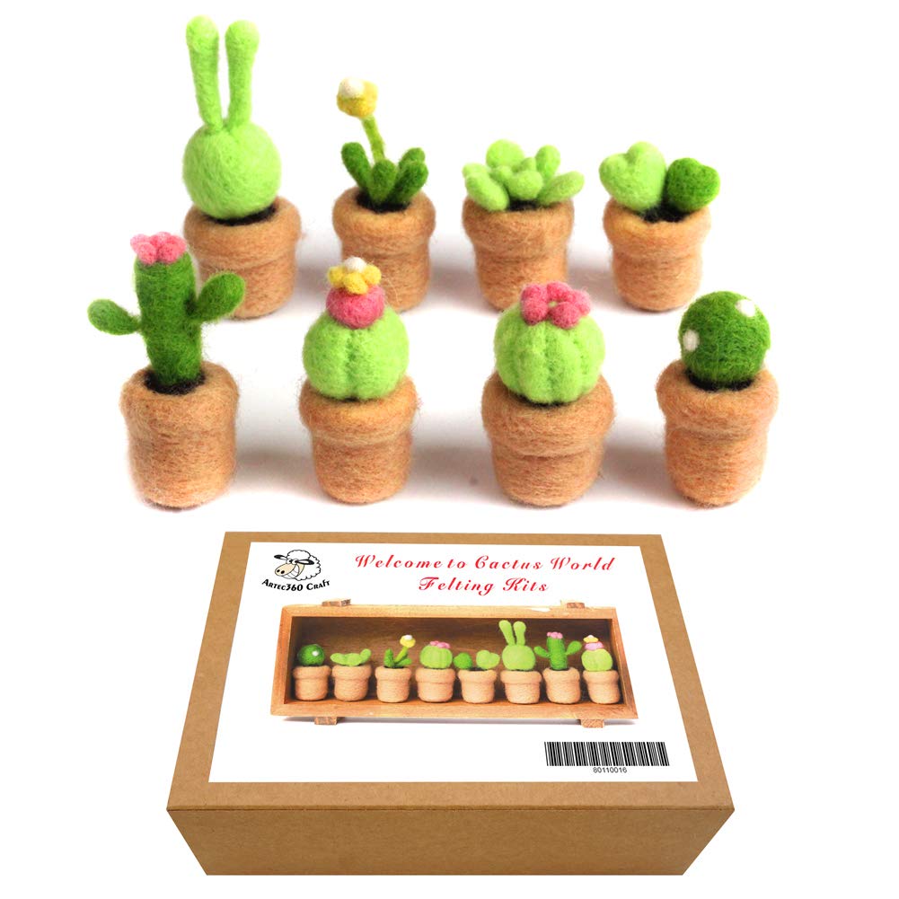 Feltsky 8 Pack Succulent Needle Felting Kits with 3 Needles, 8 Tutorial, Black High-density Foam Mat for Felting Kit Beginner (Color Box)