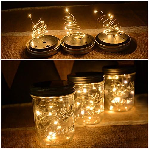 Abkshine 3 Pack Wide Mouth Solar Mason Jar Light Lid Insert, 10 LED Warm White Solar Powered Table Deck Lamp LED Firefly Fairy Lights for Wedding Christmas Holiday Party Decor(Jars Not Included)