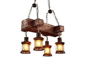 LADIQI Industrial Vintage Wooden Hanging Pendant Light Retro Loft Lantern Chandelier 4 Lights Suspension Lighting Fixture for