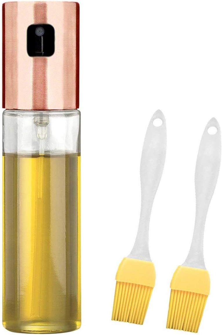 Stainless Steel Olive Oil Sprayer Glass bottle with 2 Free Oil brushes for BBQ/Vinegar/Soy Sauce (Rose Gold)