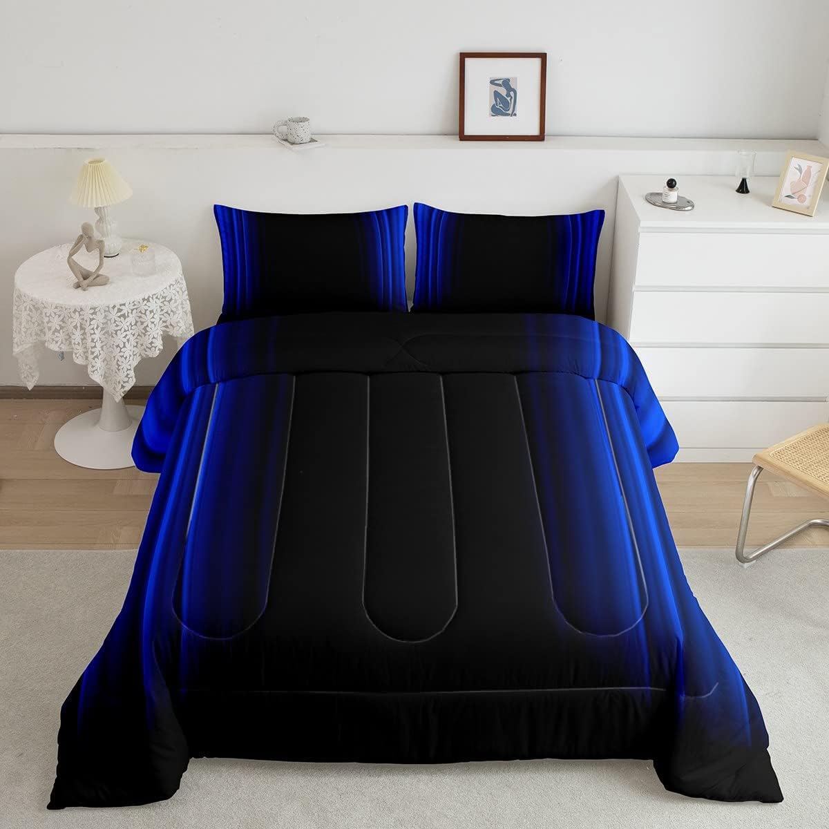 Loussiesd Geometric Abstract Ombre Down Duvet Set Kids Teens Dark Blue and Black Striped Bedding Bed Set Decor Modern Fashion Duvet Insert Bedroom Collection Single Size