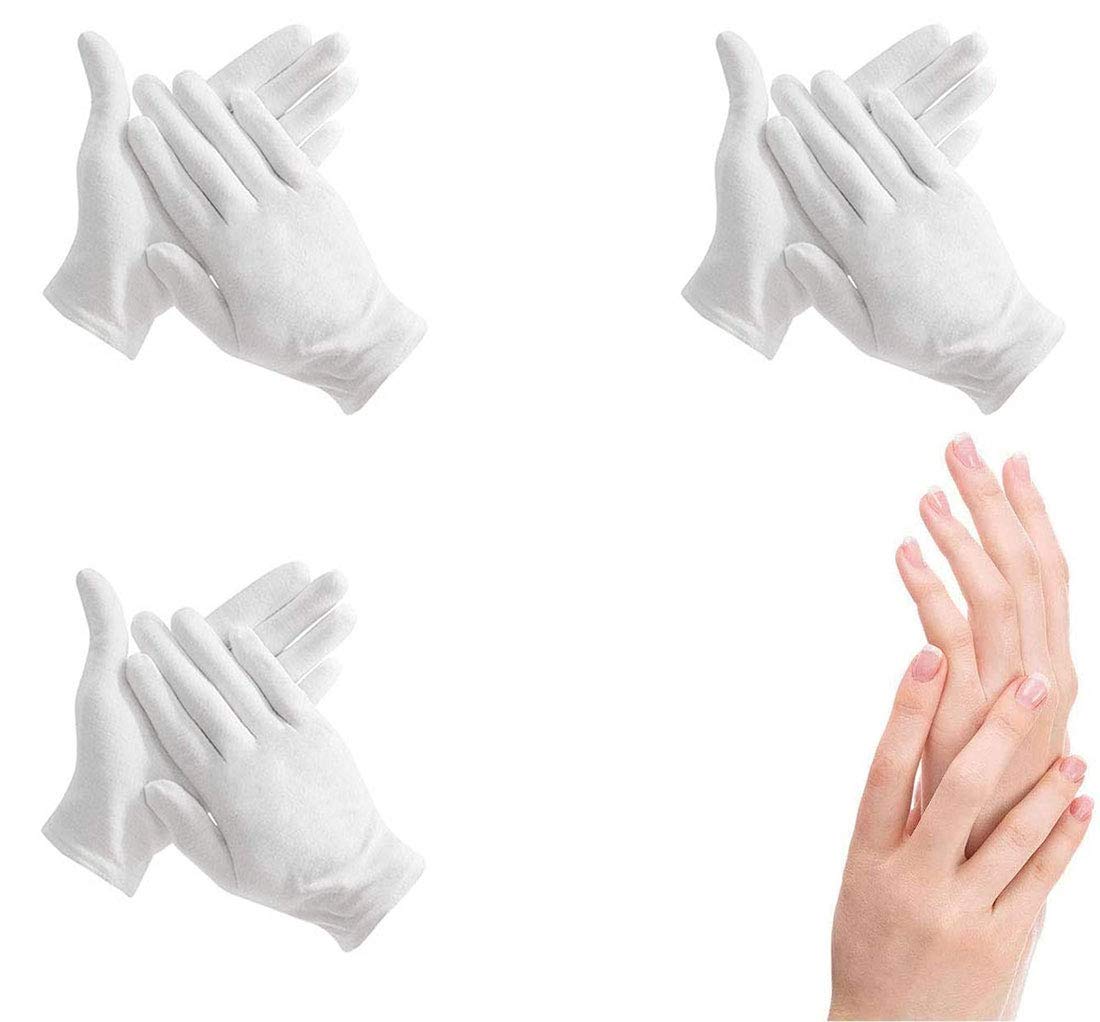 100% Cotton Gloves for Eczema,3 Pairs White Cotton Moisturizing Gloves Over Night Bedtime | Cosmetic Inspection Premium Cloth Quality | Dry Sensitive Irritated Skin Spa Therapy Secure Wristband