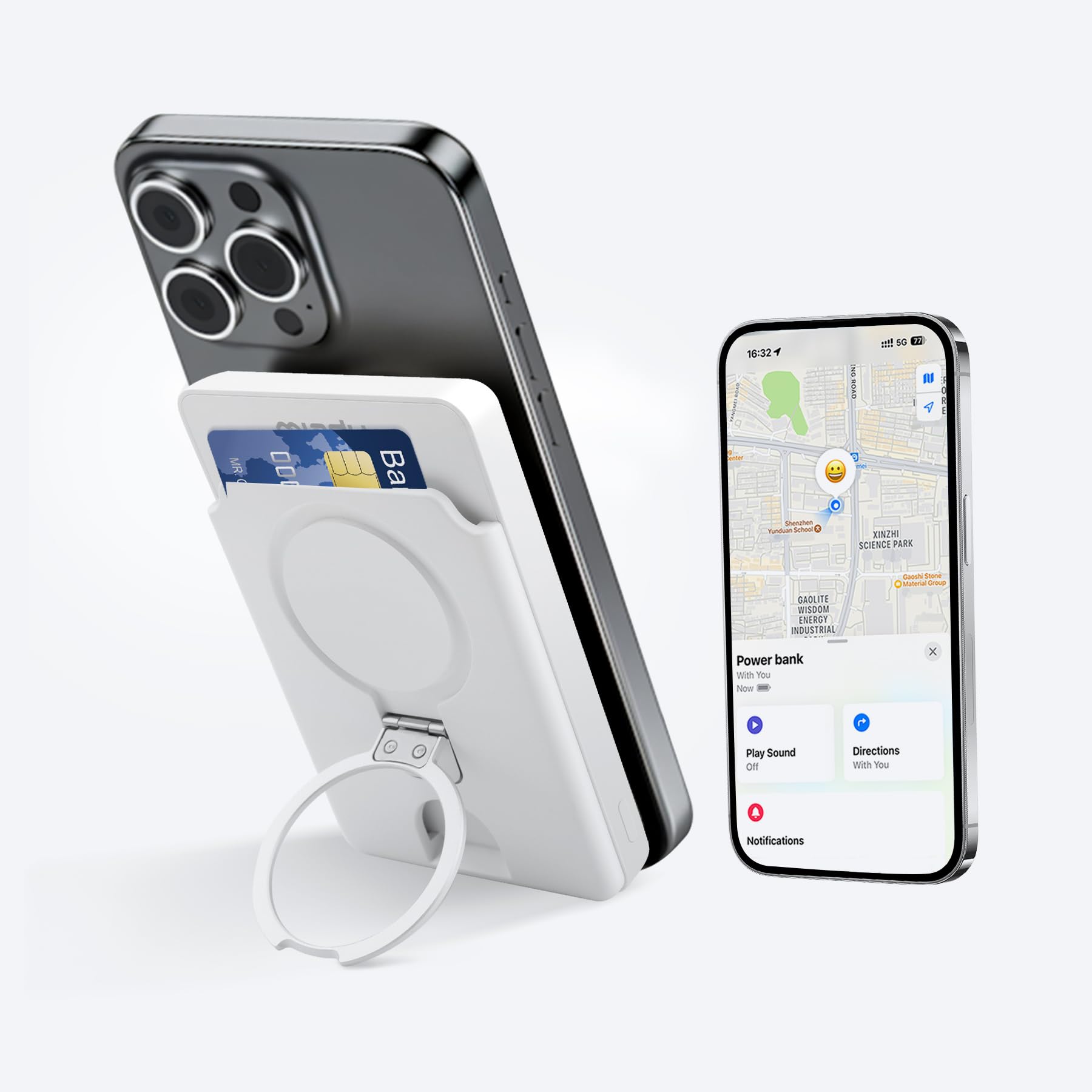 Photo 1 of Miady 5000mAh Magnetic Power Bank Built-in Air Tracker Tag, for Magsafe Wallet, Work with Apple Find My, Wireless Portable Charger with Stand for iPhone 16/15/14/13/12, 20W USB-C Charging Battery Pack