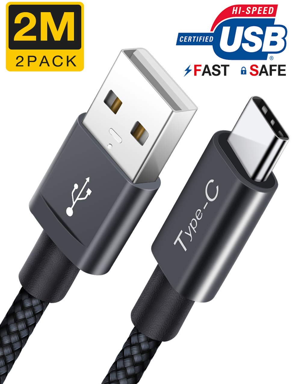 USB C Cable, Elegear USB Type C Cable to USB 2.0 [Certified] 6ft Braided Nylon Fast Charging Cable for Samsung Galaxy S9 / S9+, Huawei P20 / M20, Sony Xperia XZ, Nintendo Switch and More (Grey)