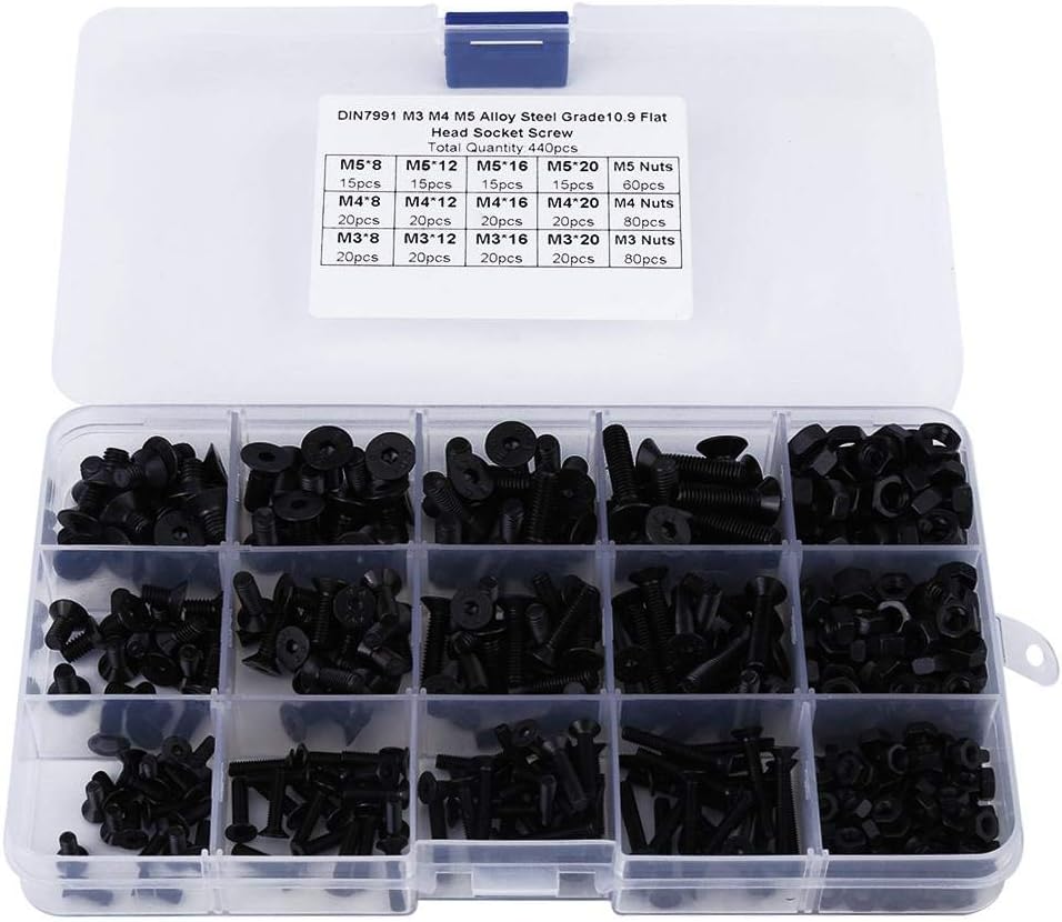 440pcs Metric M3 M4 M5 Flat Head Hex Socket Screw Assortment Black Alloy Steel Screws with Plastic Case for DIY Hardware Projects