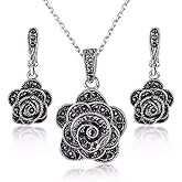 Shefashion Rhodium Plated Vintage Silver Rose Flower Jewelry Sets Black Marcasites Studs Earrings Pendent Necklace for Women Girls